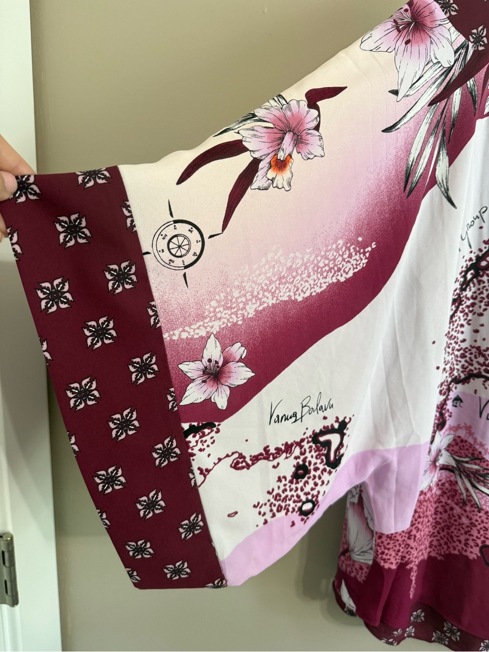 NWT WHBM Fiji Sunset Kimono Top Blouse V-neck Flowy Maroon White Pink Women’s XL - Picture 4 of 10